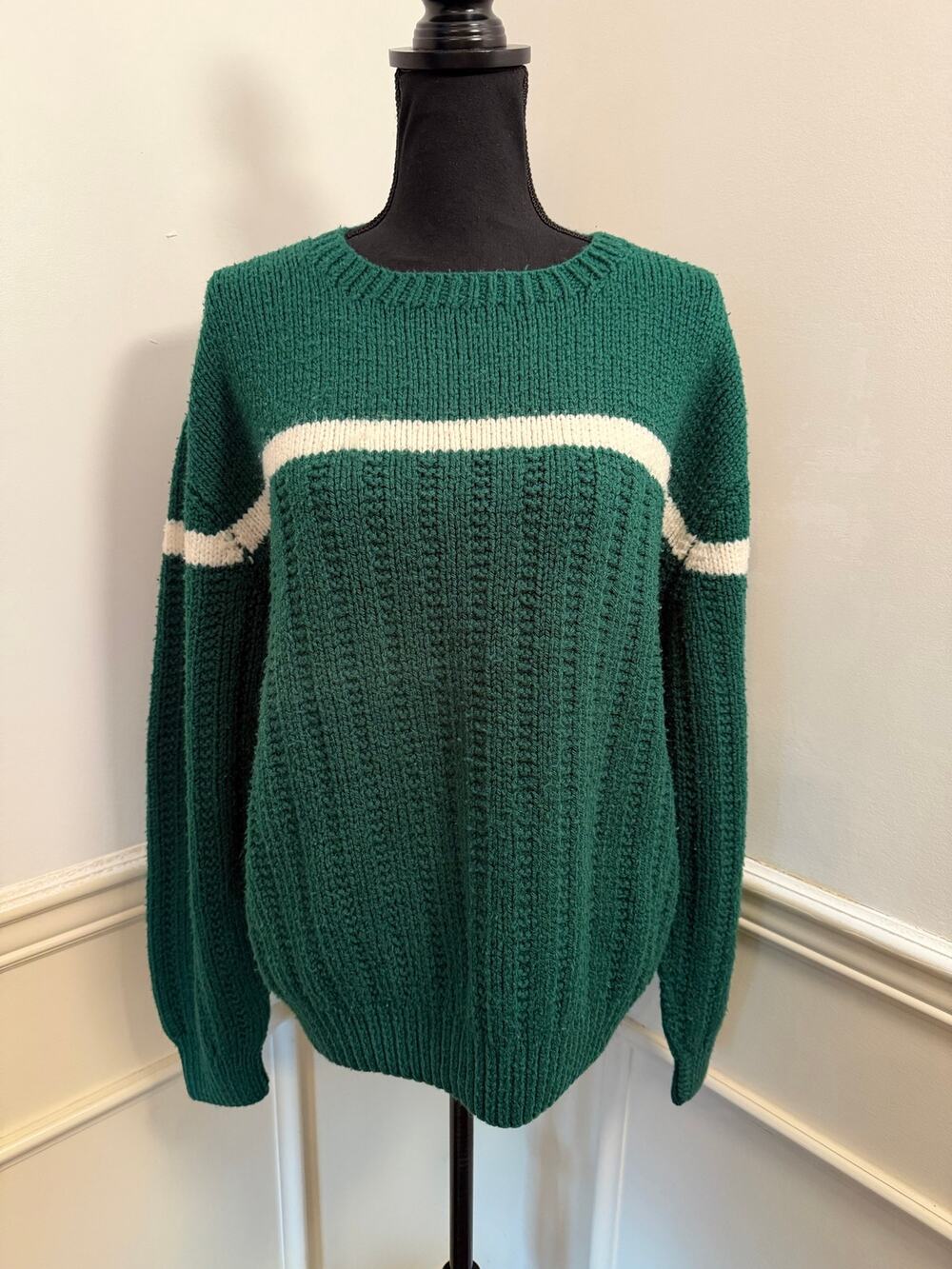 Hand Knit Handmade Chunky Vintage Pullover Sweater Preppy Holiday Kelly Green